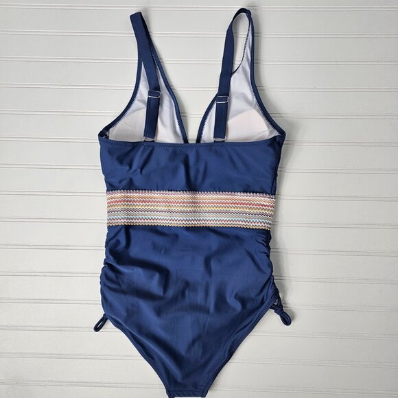 Women's Blue Plunge Neck Tummy Control Modest One Piece Swimsuit Size S NWTF - Picture 5 of 14